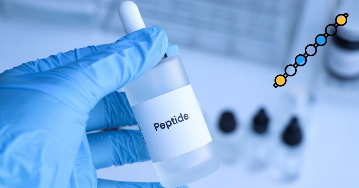 A gloved laboratory hand holding a bottle labeled peptide
