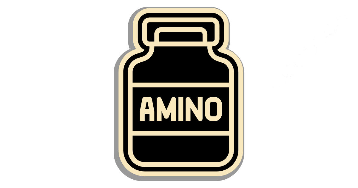 Illustration of an amino supplement bottle next to a short molecular chain